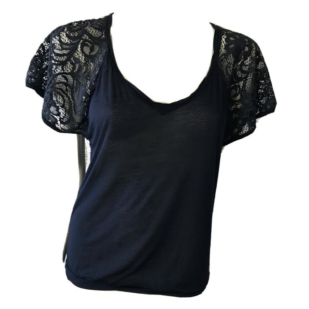 Free People Navy Blue Modal Lace Flutter Sleeve Blouse Top Women’s Small AS IS